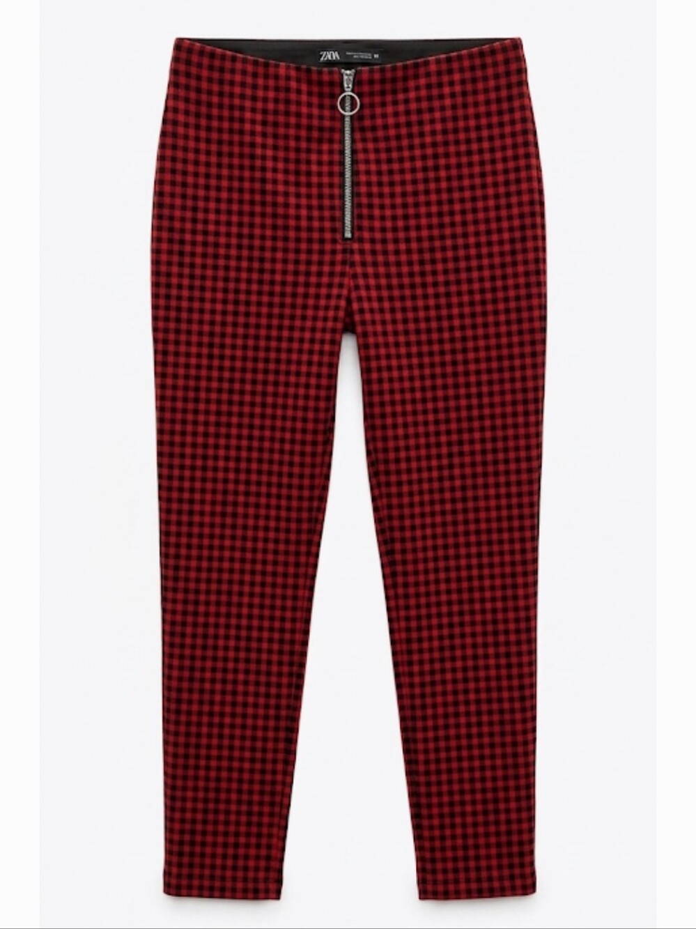 Zara womens black red gingham check slim high rise leggings trousers size M